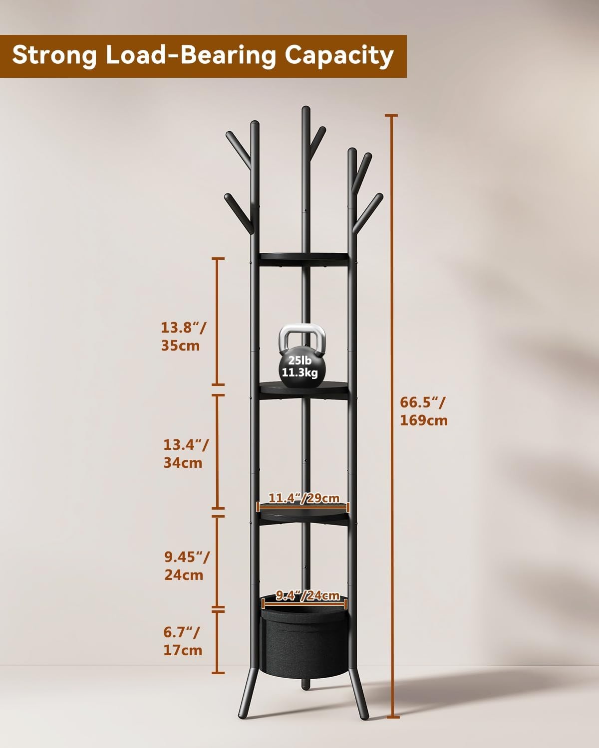 Black Freestanding Coat Rack with Shelves | 169cm Metal Hall Tree Stand