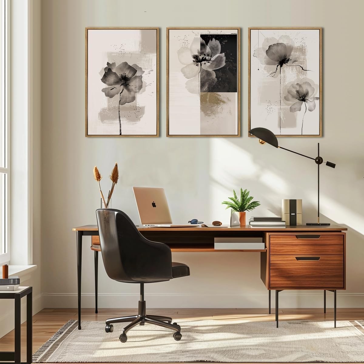 Abstract Neutral Floral Wall Art Set of 3 Framed 30x40cm
