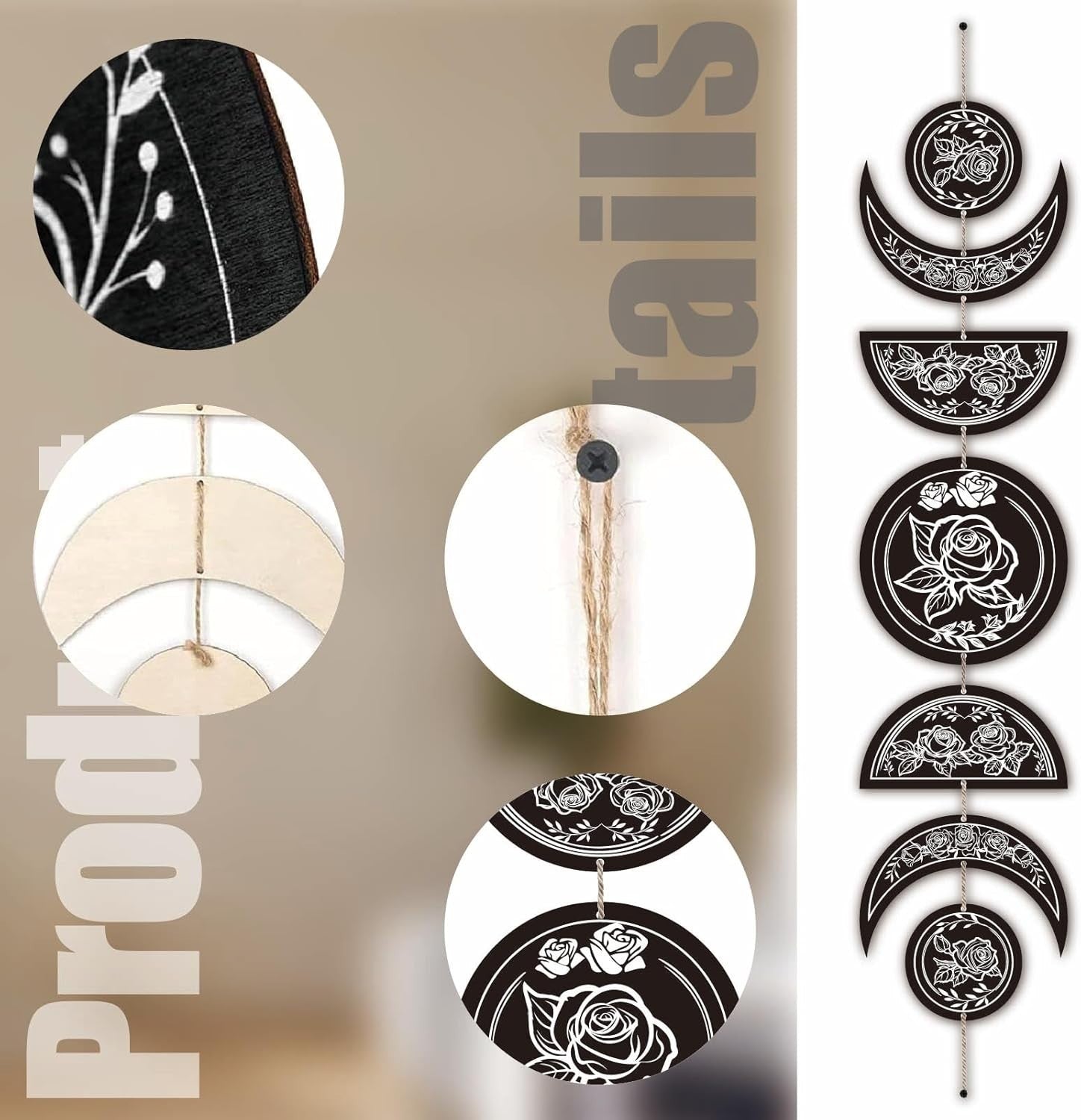 Moon Phase Wall Decor Wooden Boho 7-Piece Rose Flower Art