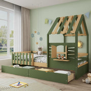 Kids Storage Bed with Drawers & Safety Guardrail, Wooden House Cabin 3FT