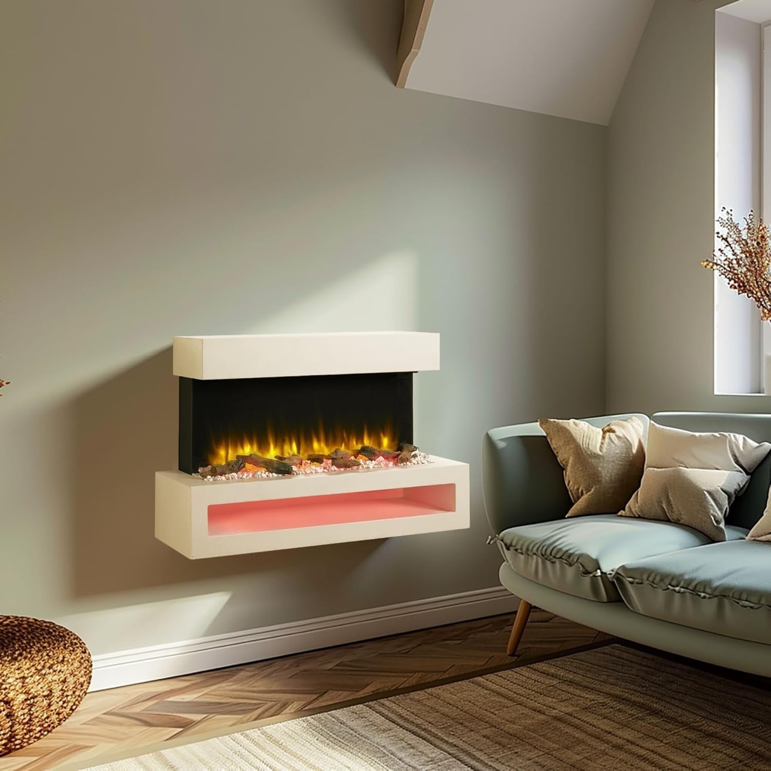 43" Wall Mounted Electric Fireplace 18/2kW Programmable Remote LED Flame