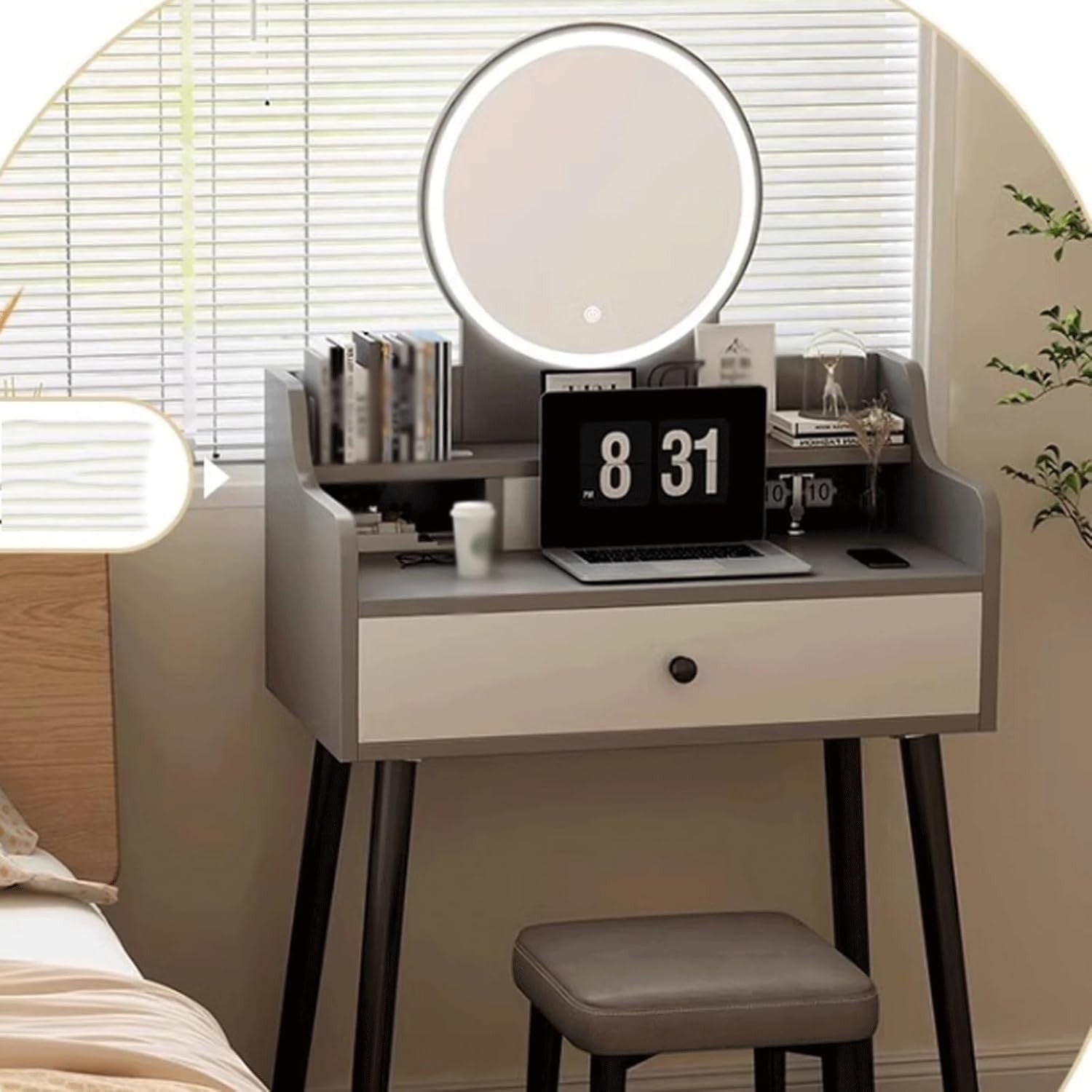 Grey Makeup Vanity Table Set w/ Lighted Mirror 3 Color LED Storage Drawers Desk