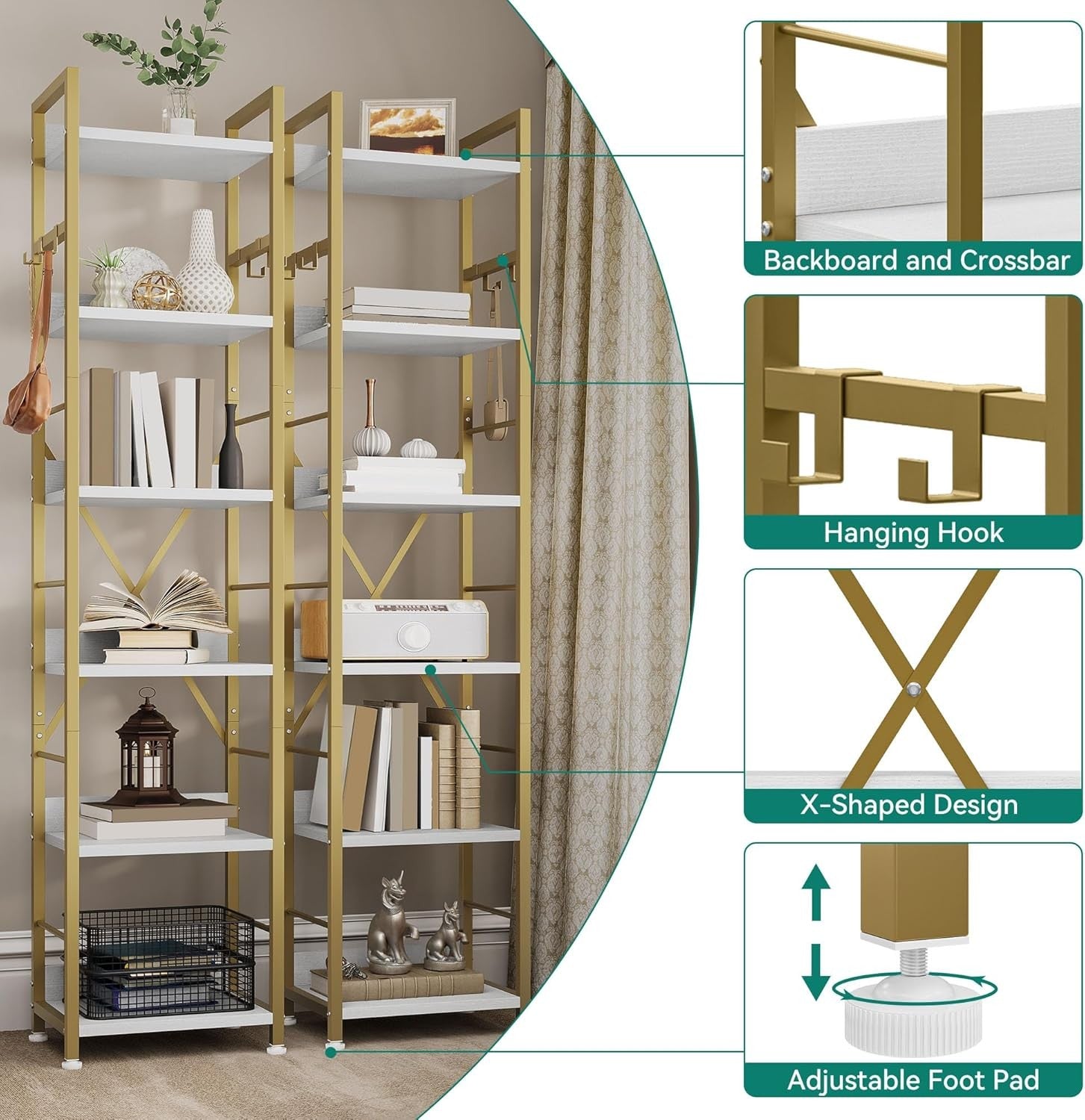 Gold 6-Tier Tall Bookcase | Metal Frame Storage Shelf with Hooks for Home & Offi