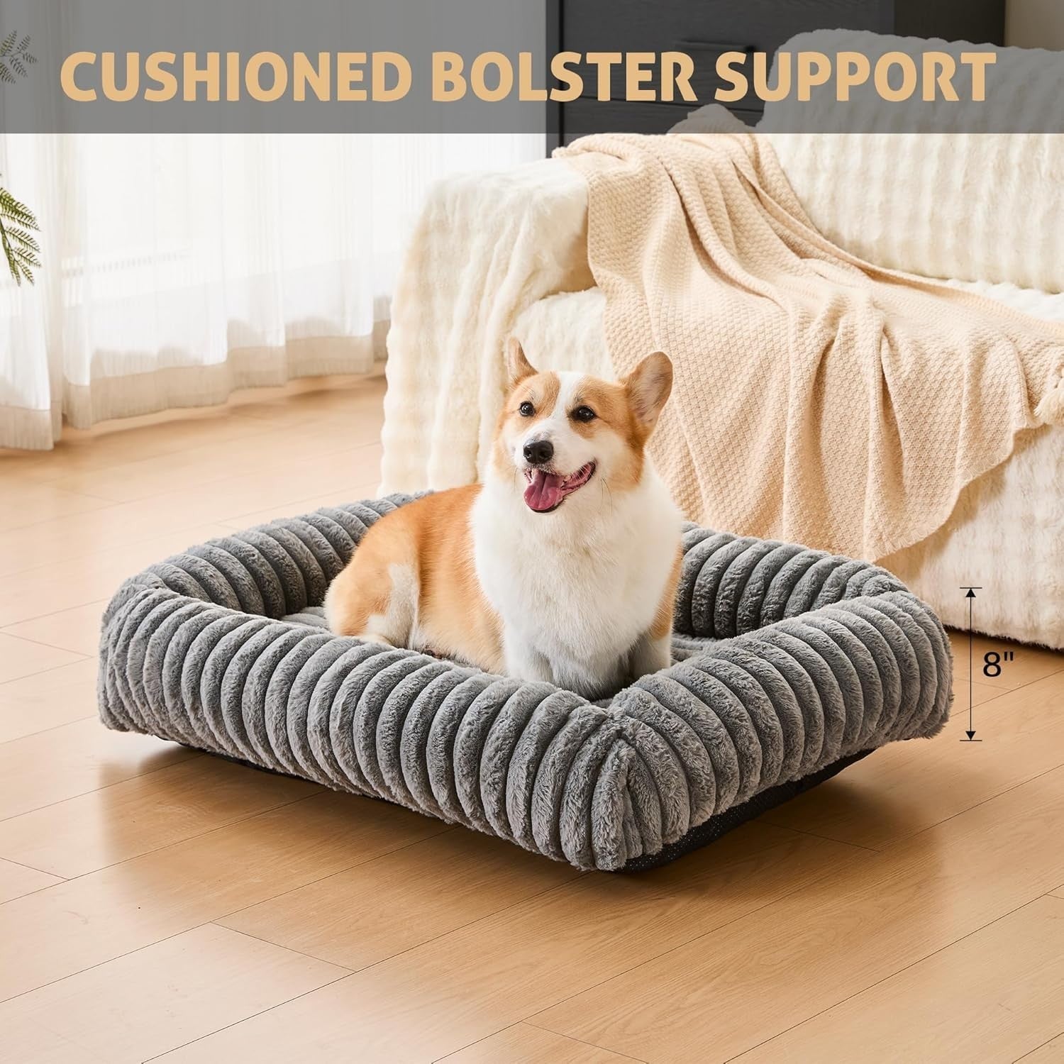 XL Orthopedic Dog Bed 35x25in Washable Furry Sofa Grey