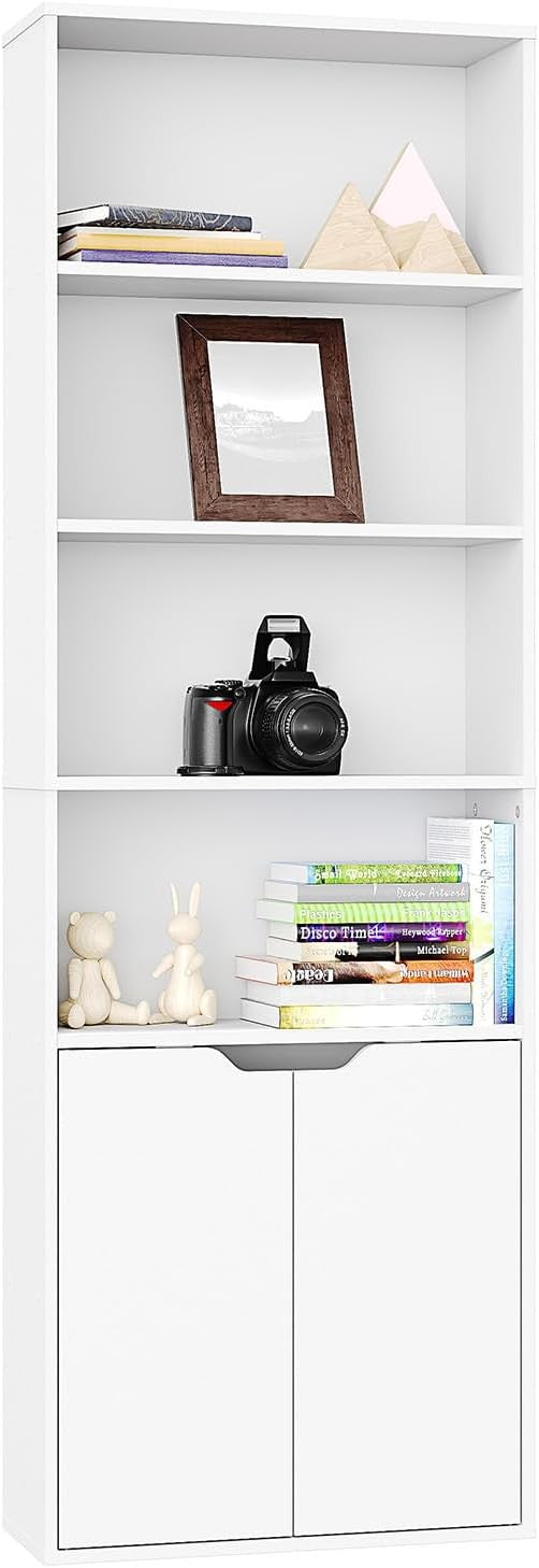 White 6 Tier Tall Bookcase with Doors Modern Storage Cupboard Free Standing Unit