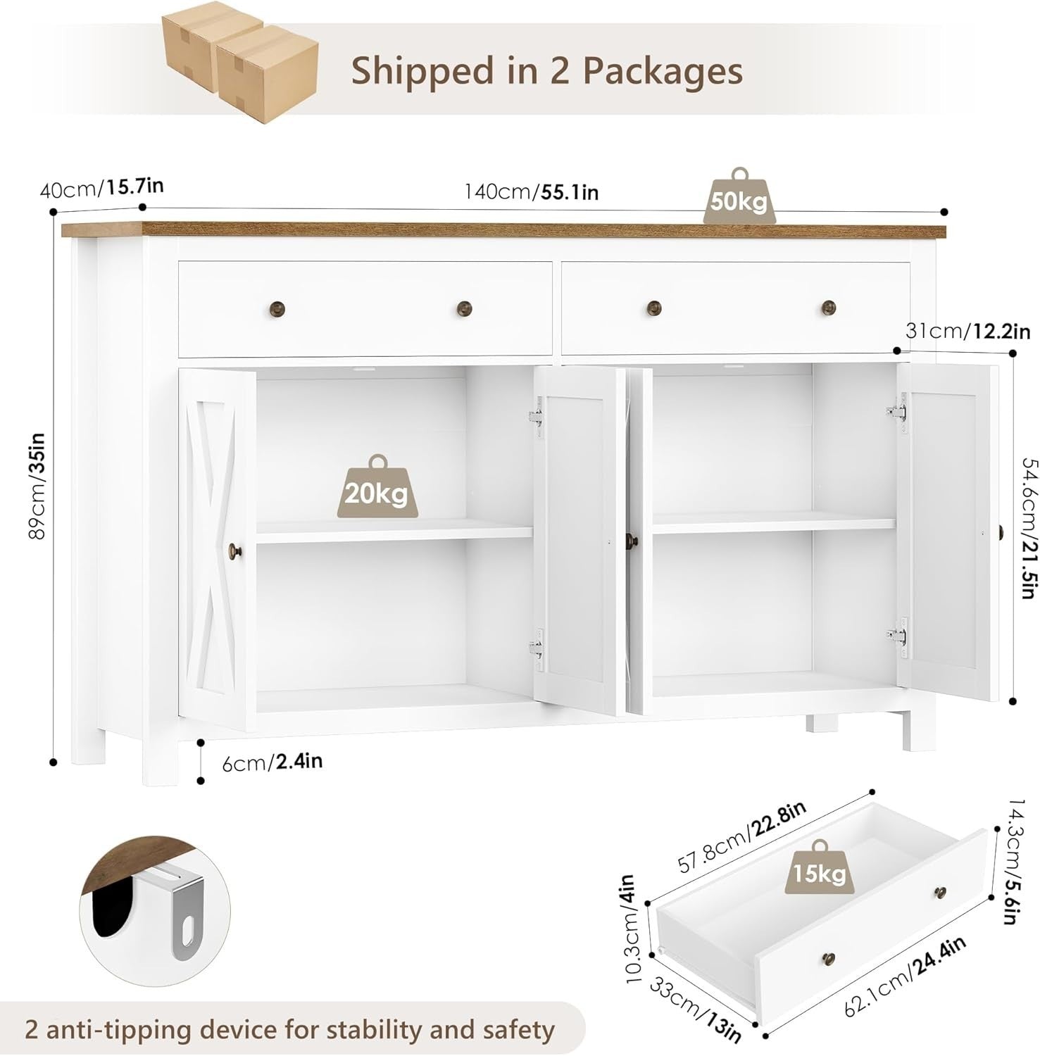 White Kitchen Sideboard Cabinet 3 Doors 2 Drawers Adjustable Shelves Large