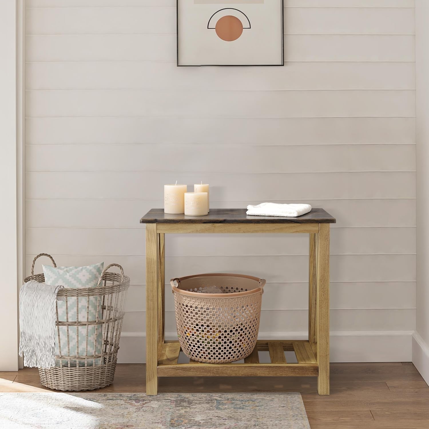 Rustic Narrow Side Table with Storage Shelf, Rectangular Nightstand for Small Sp