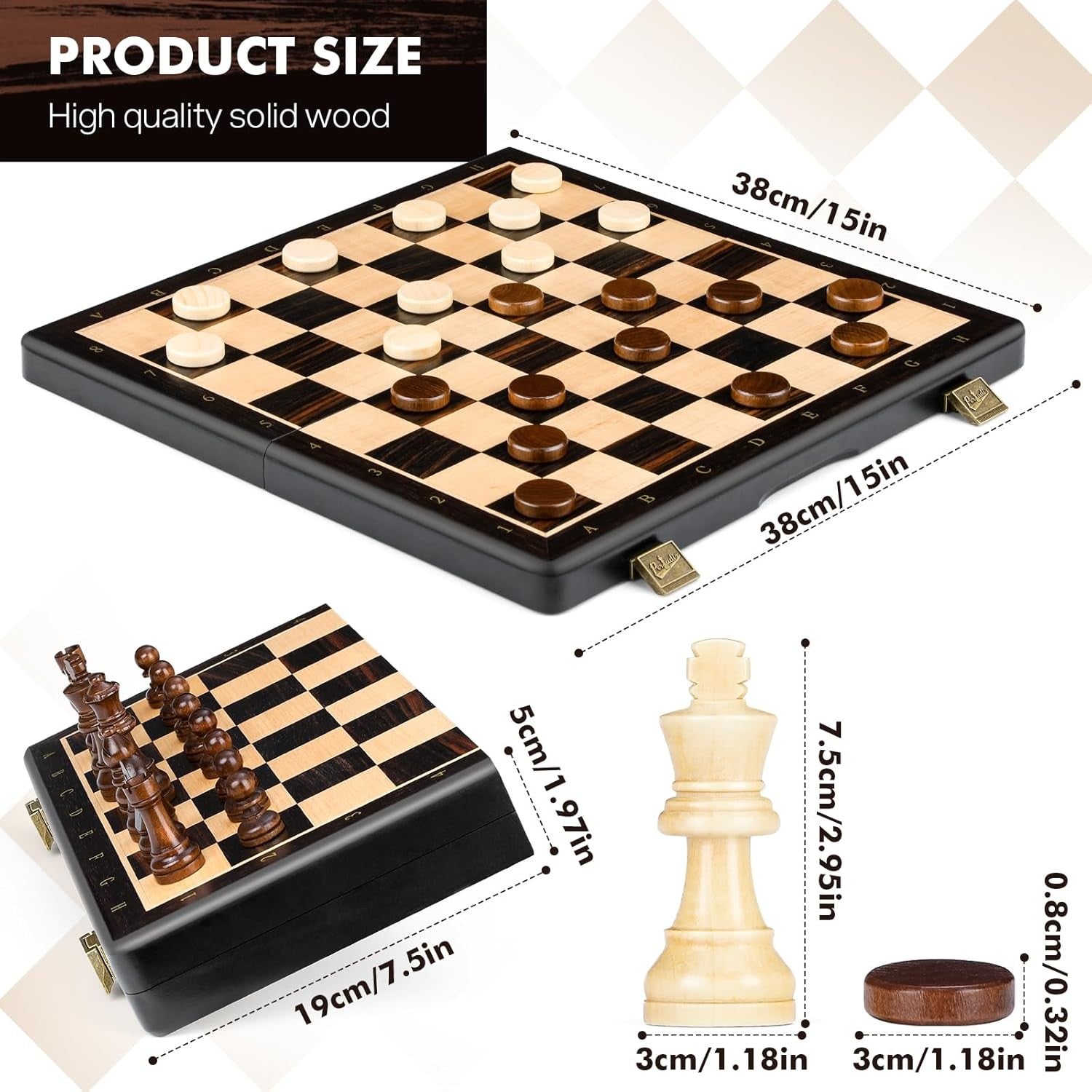 15" Magnetic 2-in-1 Chess & Draughts Folding Wooden Board Set w/ Extra Queens