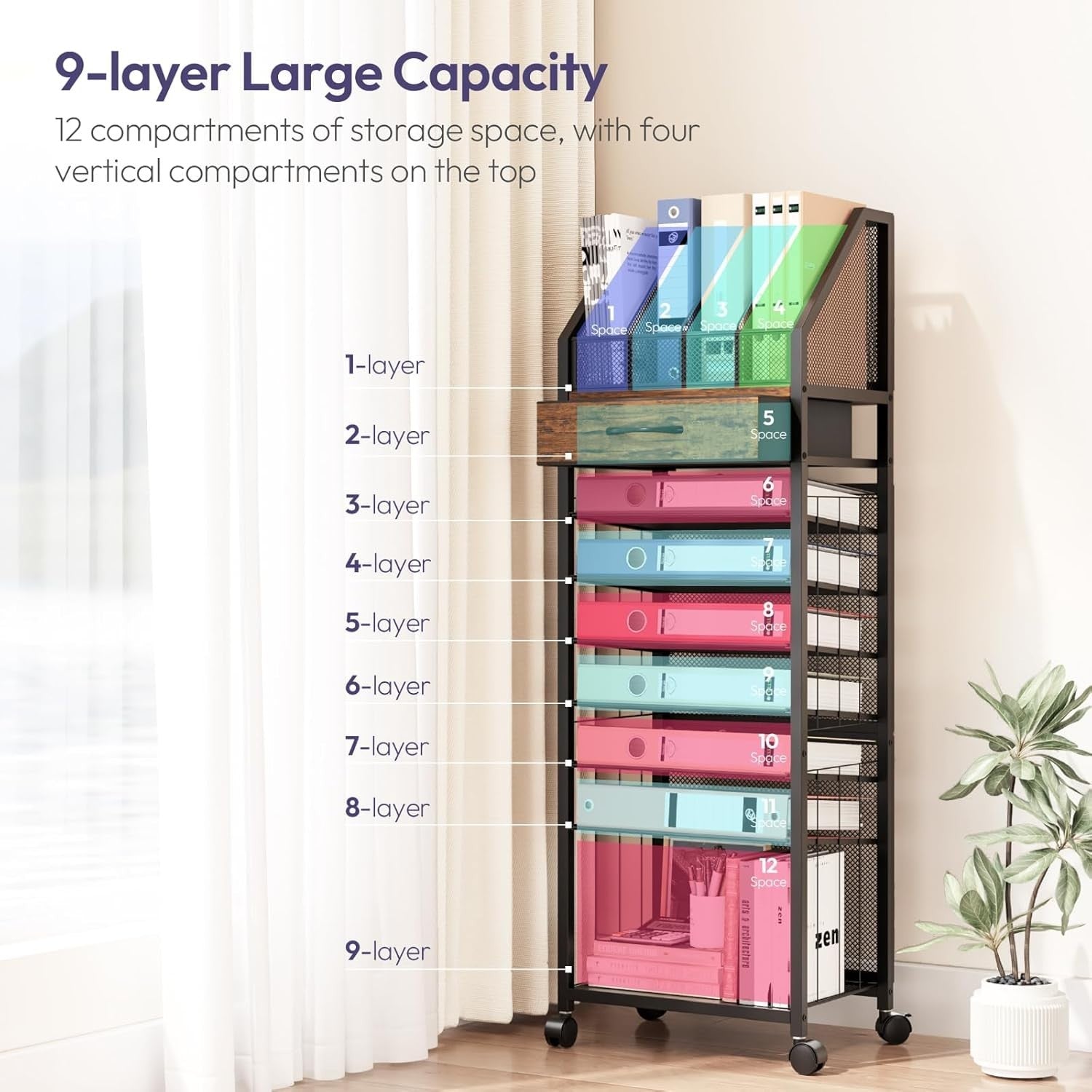 9 Tier Rolling File Cart Office Organizer Desk Storage with Drawer