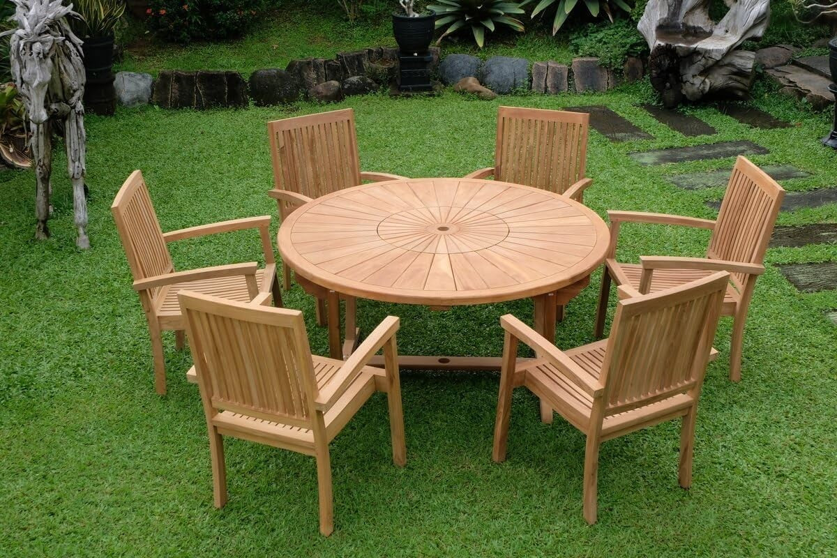 Teakwood Outdoor Garden Dining Set with Parasol & Cushions - 7 Piece Patio