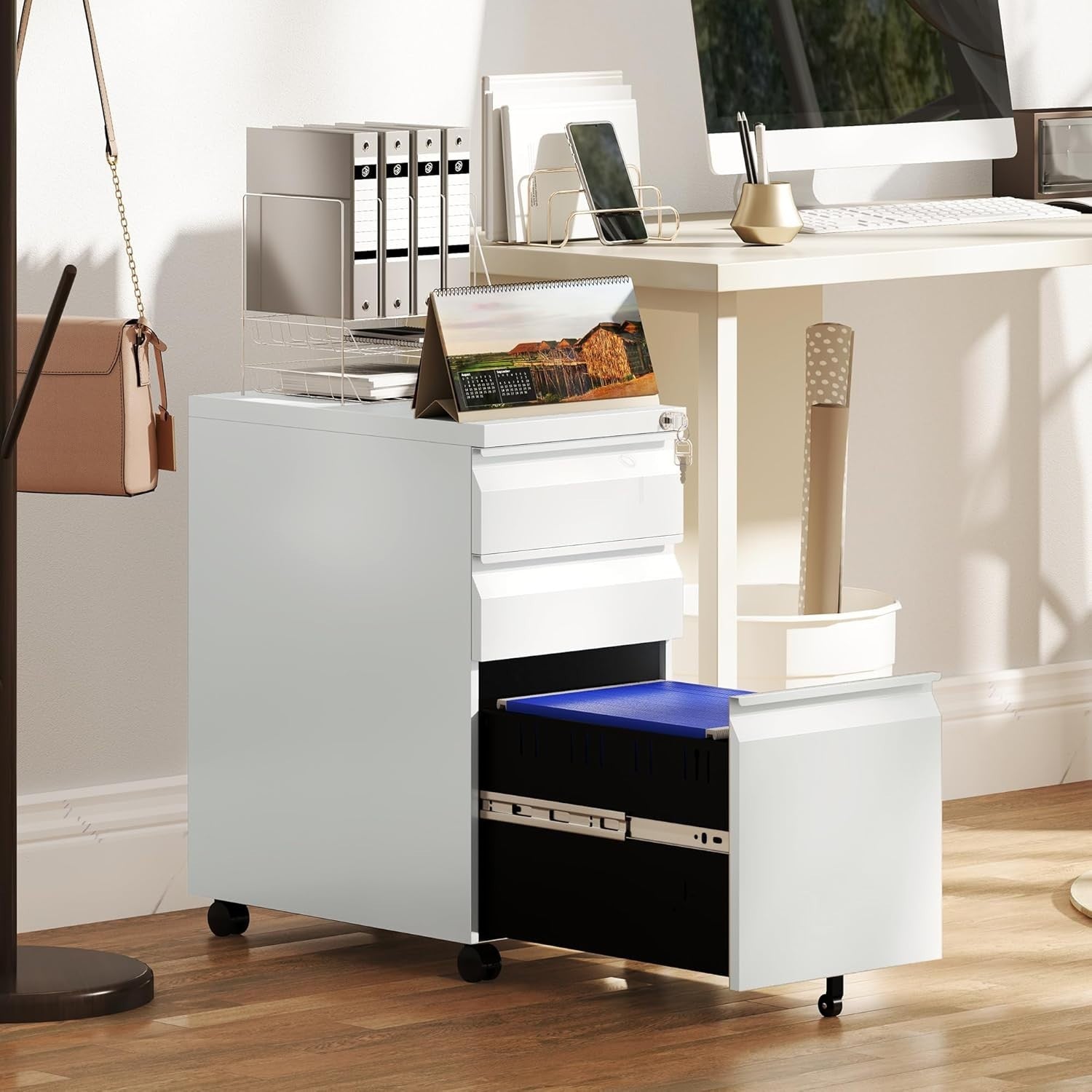 White 3 Drawer Lockable File Cabinet 30x43.5x60cm Mobile Cabinet