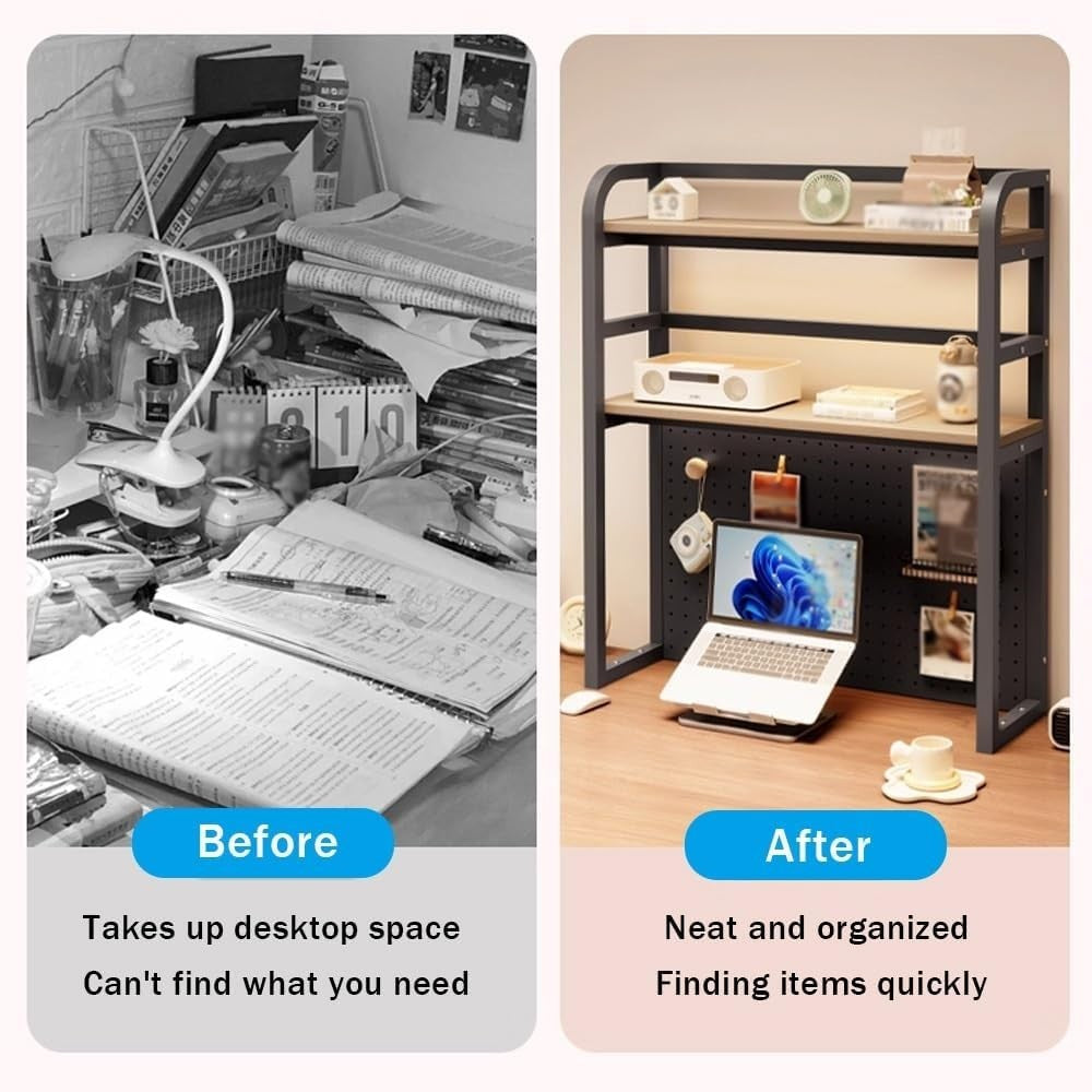 2 Tier Metal Desk Hutch 35.4" Desktop Shelf Organizer Storage Rack Home Office