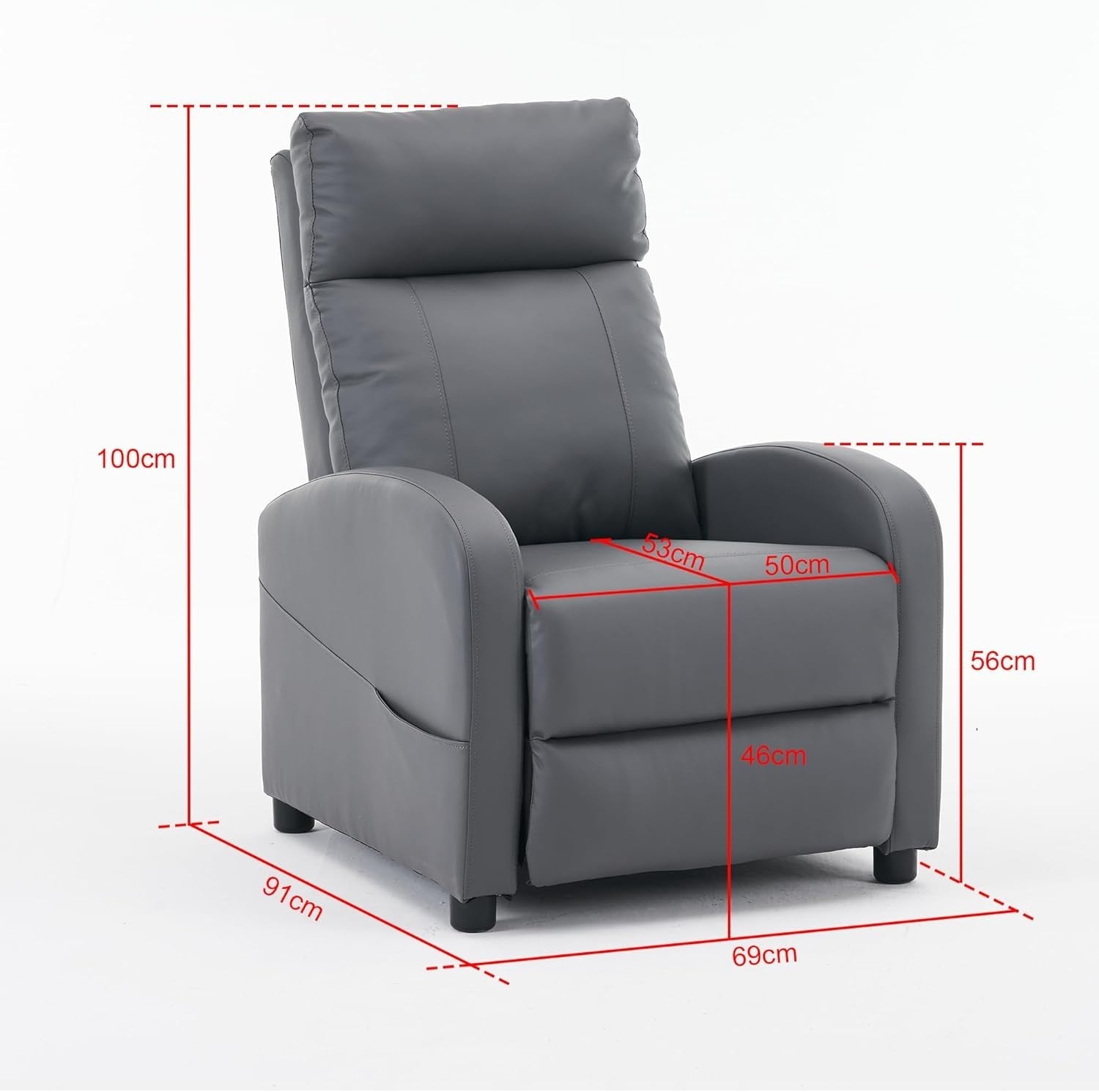 Recliner Armchair Grey PU Leather Lounge Chair Adjustable Back & Footrest