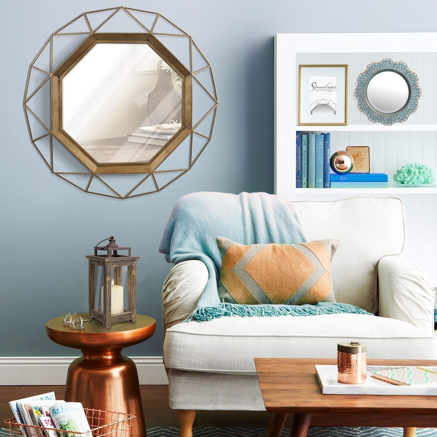 28" Gold Geometric Wall Mirror Modern Metal Frame for Bathroom Living Room