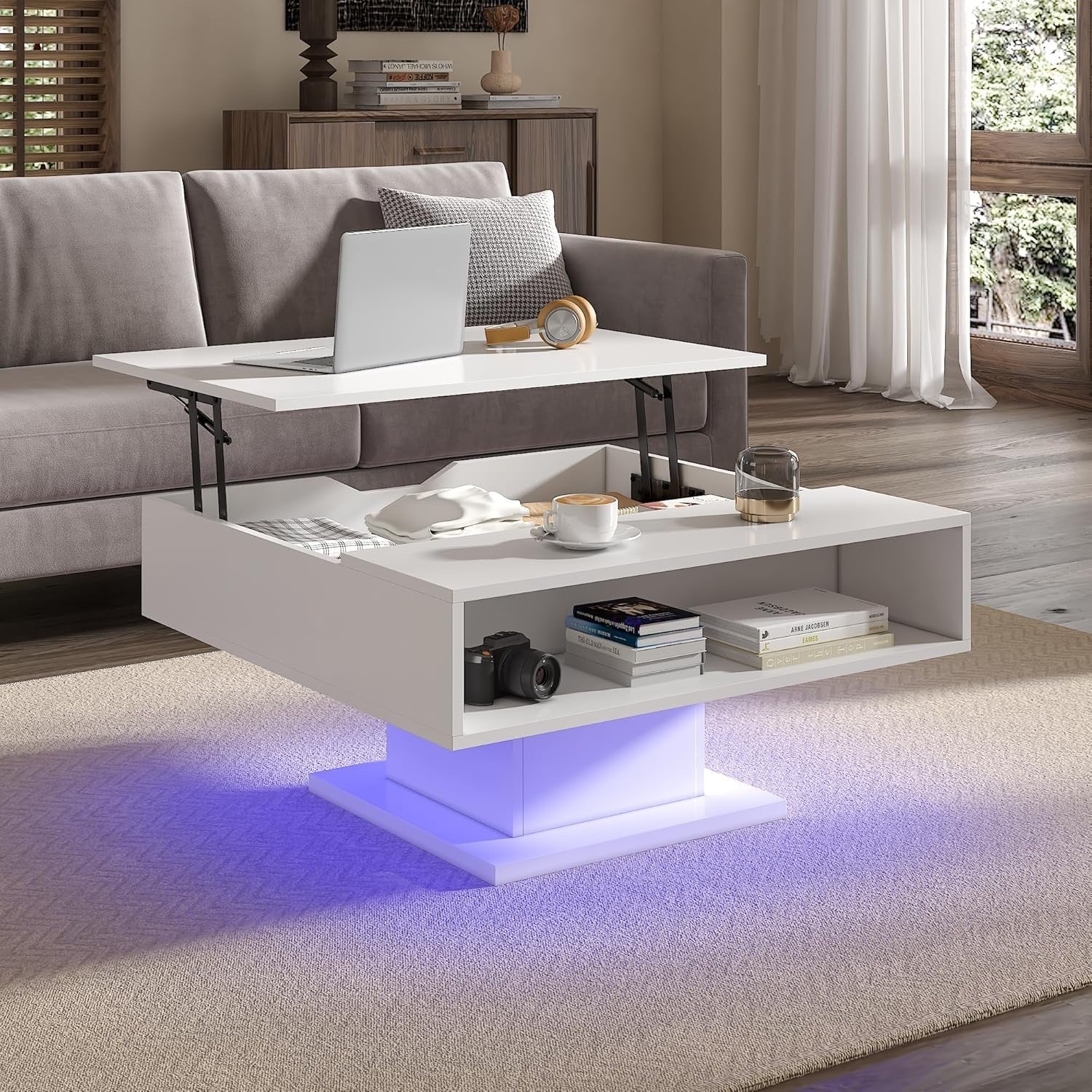 LED Lift Top Coffee Table with Storage 78x78cm – White Square Modern Design