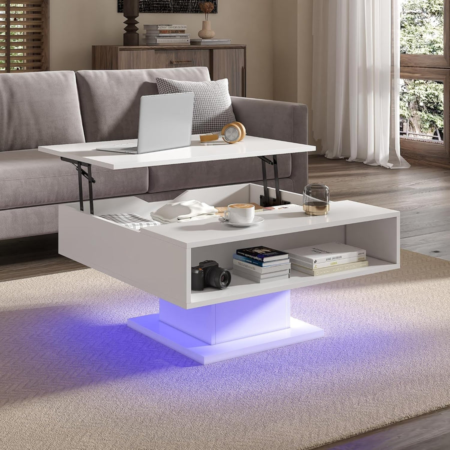 LED Lift Top Coffee Table with Storage 78x78cm – White Square Modern Design