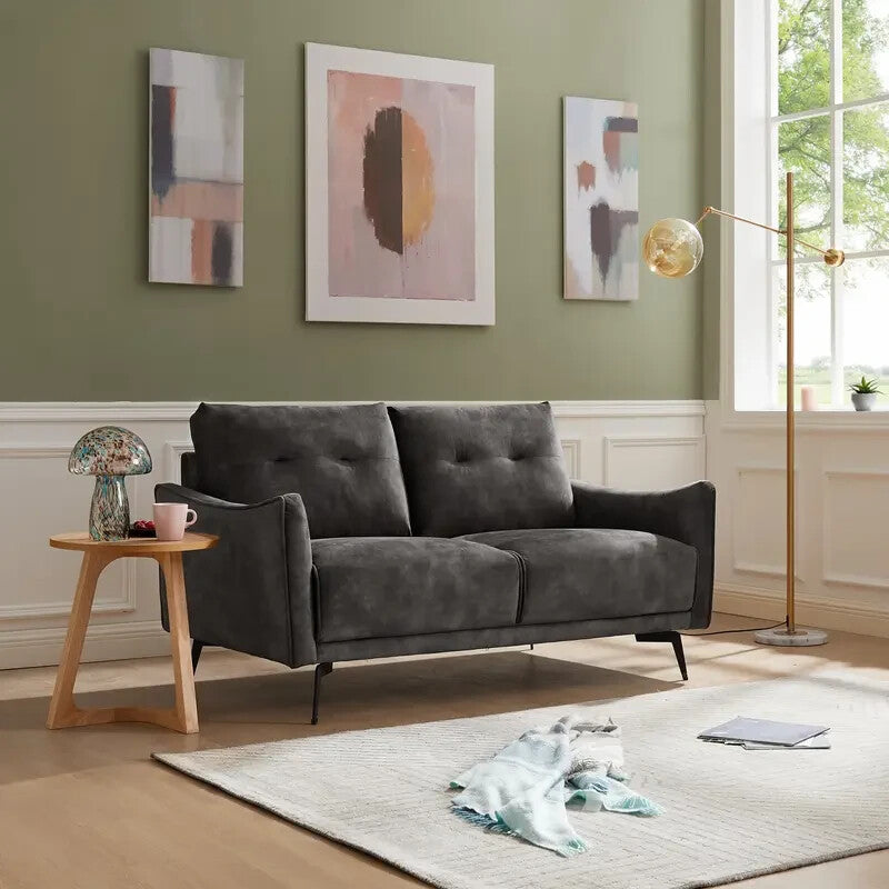Steel Grey Velvet 2 Seater Sofa | Modern Tufted Couch w/ Metal Legs