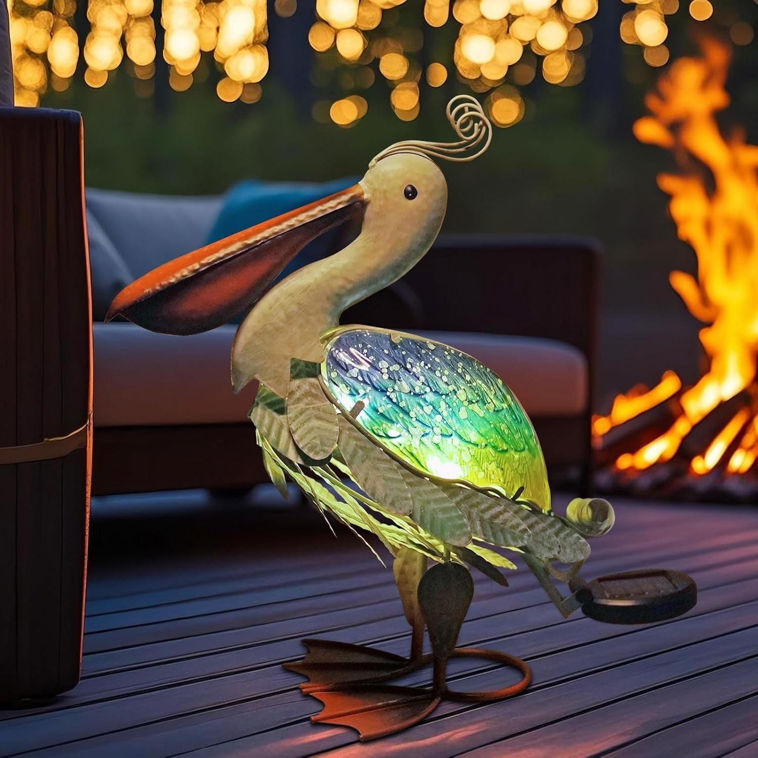 Solar Pelican Garden Ornament Metal LED Light Outdoor Patio Decor 17" Coastal