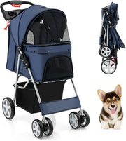 Blue Folding Pet Stroller 4 Wheel Dog Cat Pushchair Safety Belt Cup Holder
