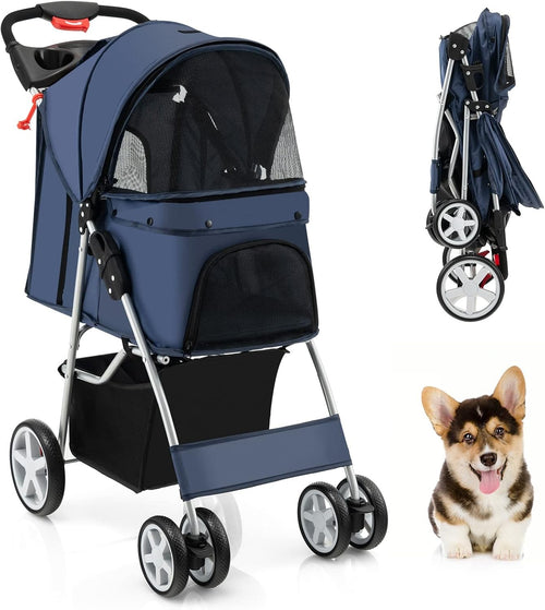 Blue Folding Pet Stroller 4 Wheel Dog Cat Pushchair Safety Belt Cup Holder