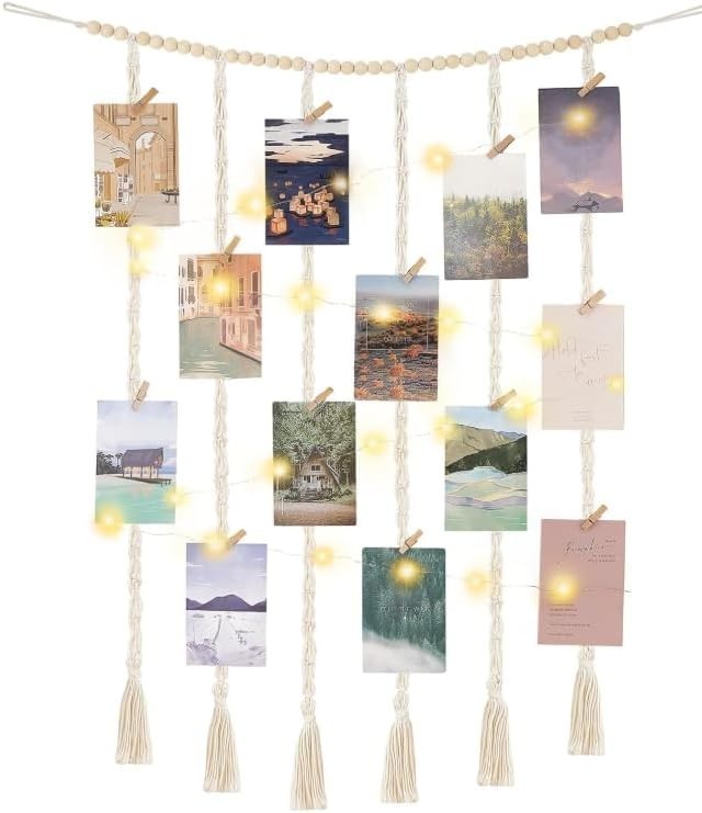 Boho Macrame Photo Display with Fairy Lights 30 Clips White
