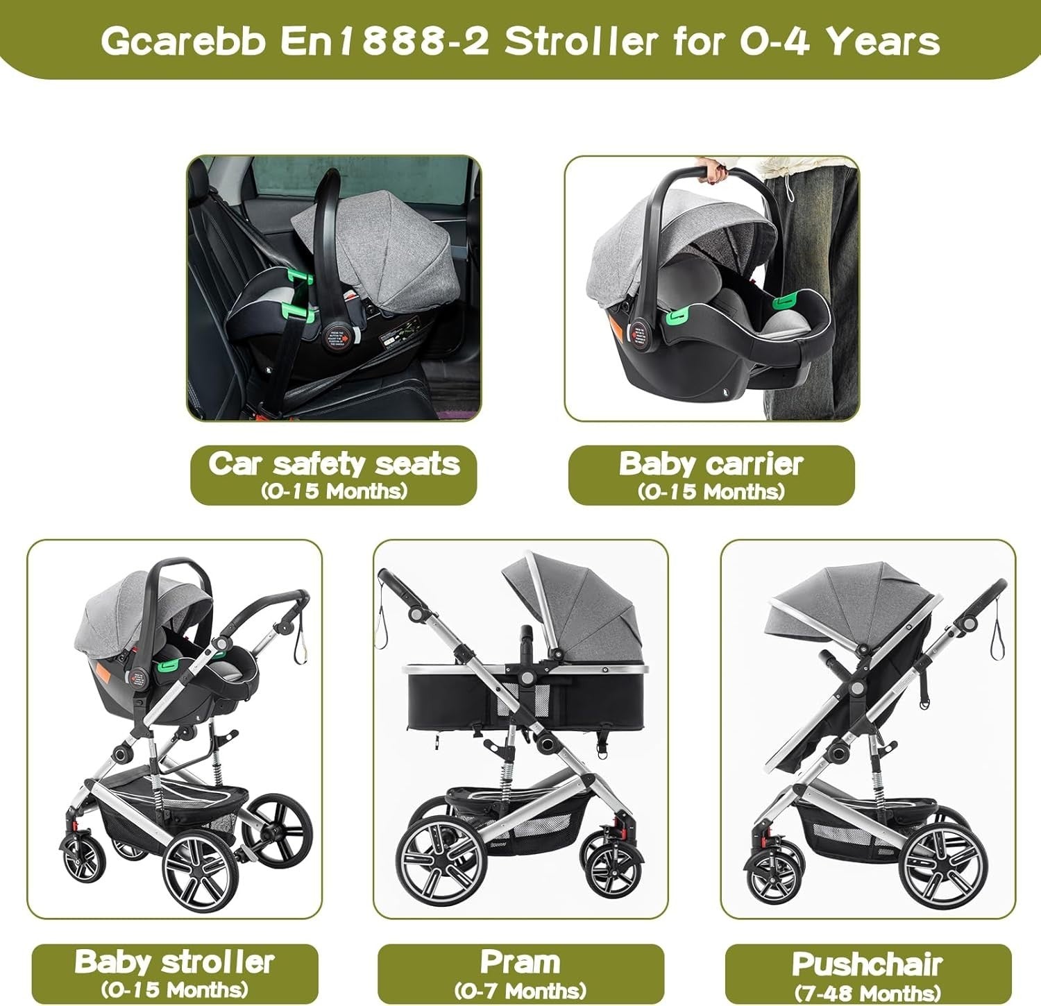 3 in 1 Baby Pram Travel System Compact Folding Stroller Newborn to 4 Years