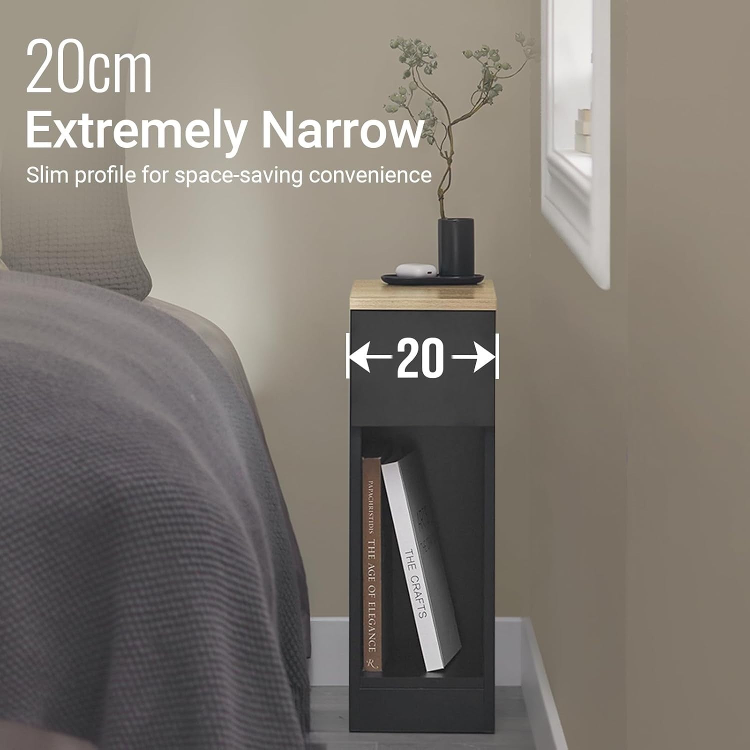 Set of 2 Slim Black Bedside Tables with Drawer & Shelf | Modern Narrow