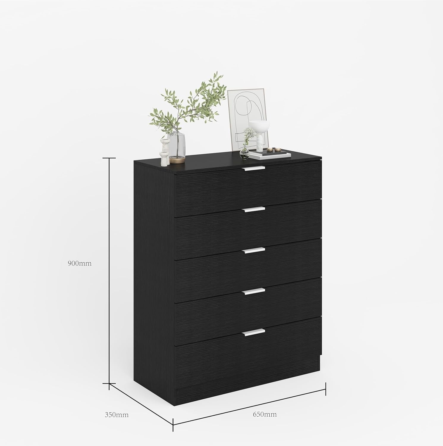 Black 5 Drawer Chest Tall Bedroom Storage Cabinet Slim Modern Unit