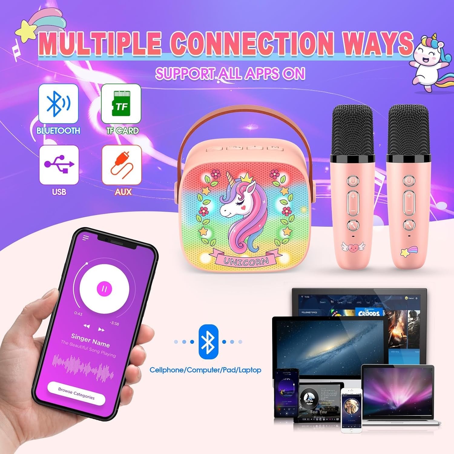 Pink Unicorn Karaoke Machine for Kids w/ 2 Wireless Microphones