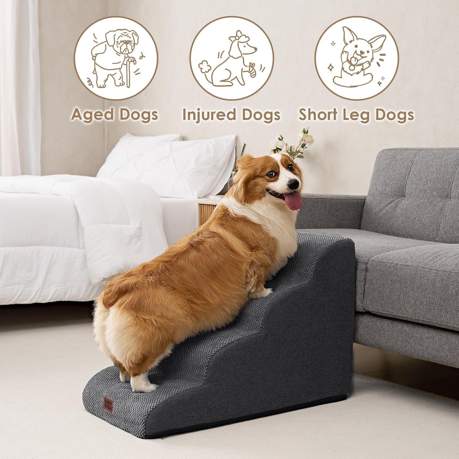 4 Step Dog Stairs for High Bed Non Slip Foam Pet Steps Washable Grey