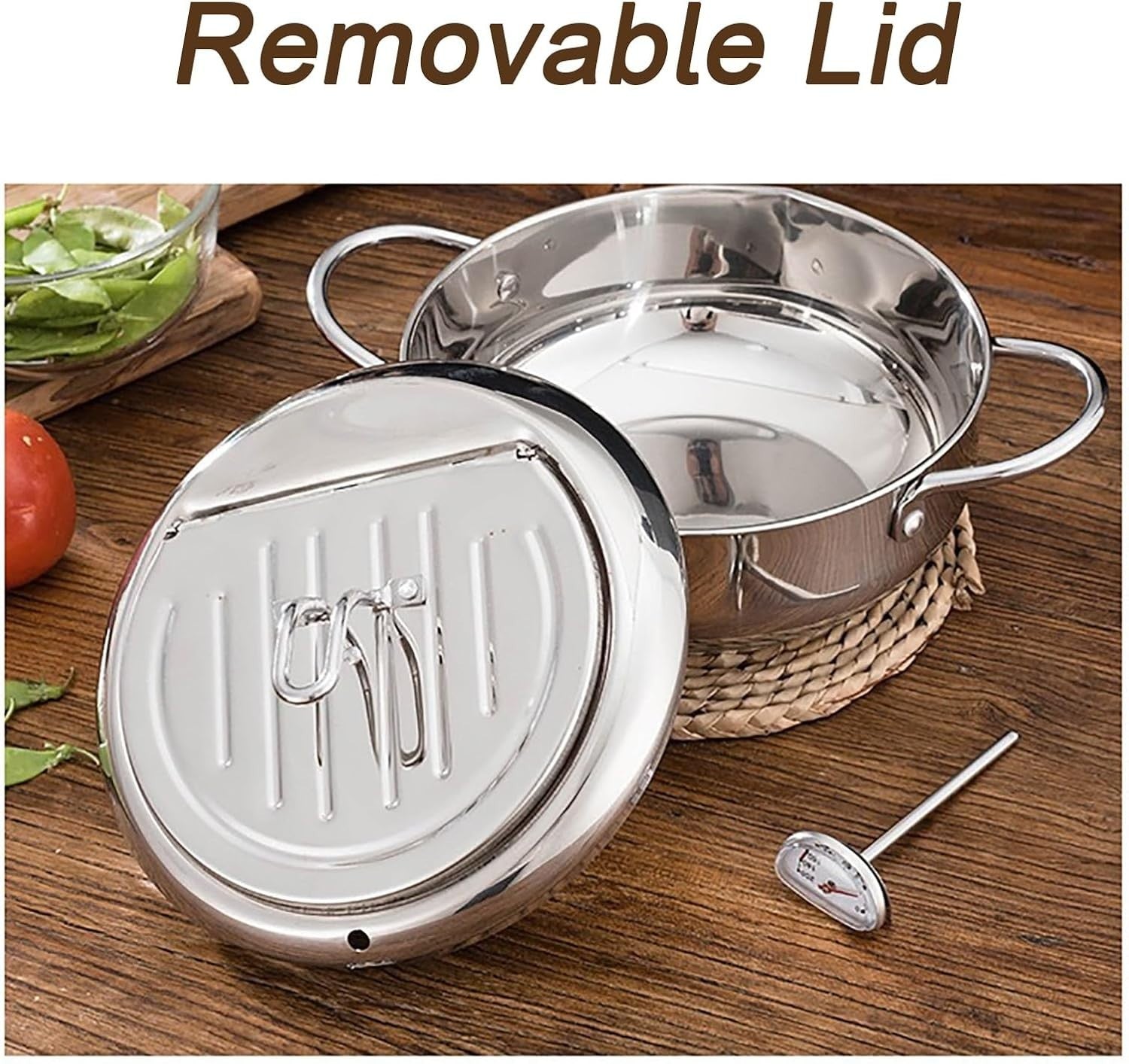 21cm Stainless Steel Tempura Frying Pot w Thermometer Lid Oil Spout