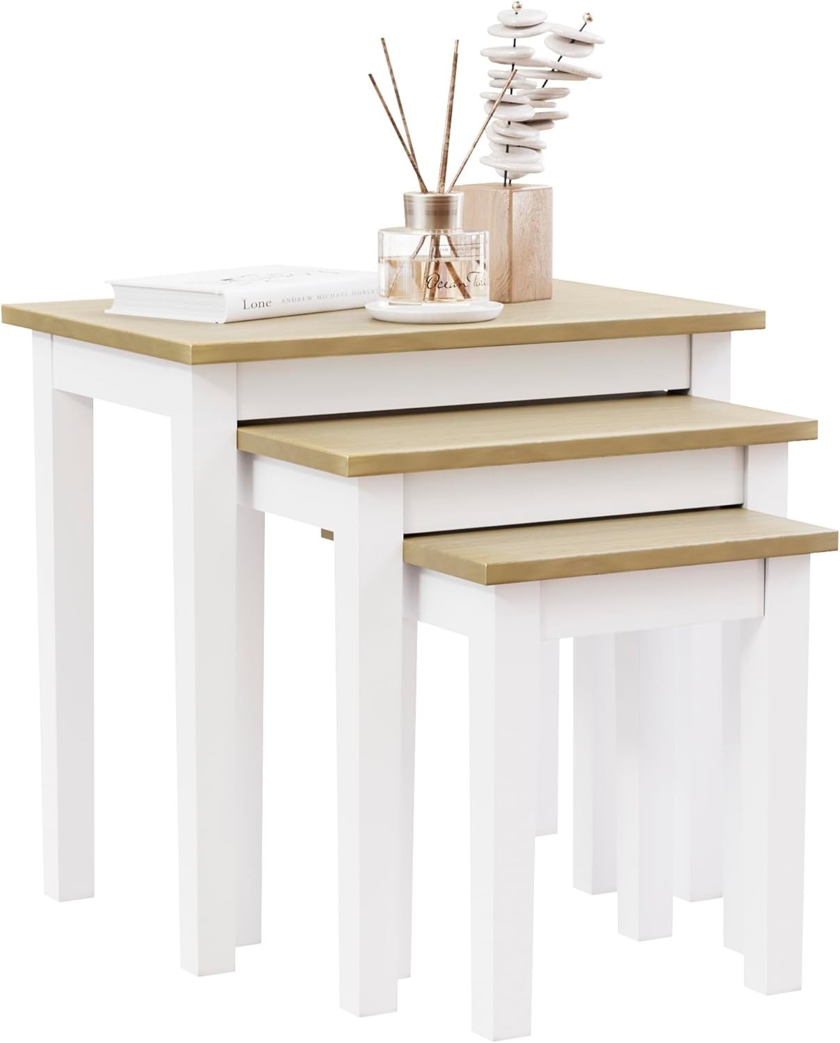 Space Saving Nesting End Tables Set of 3 Oak White Engineered Wood Coffee Sofa