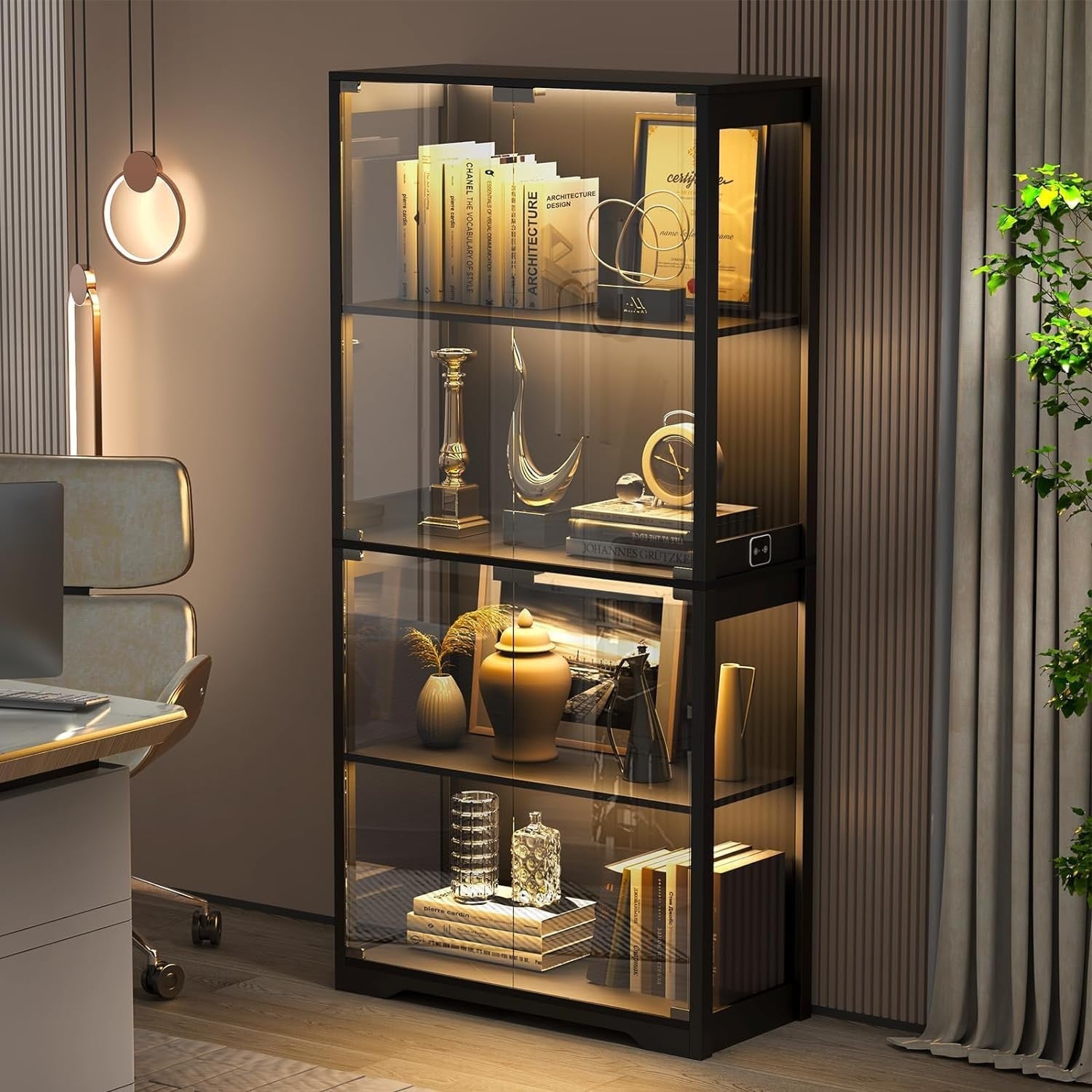 LED Display Cabinet with Glass Doors, Sensor Lighting, Tall Storage Shelf