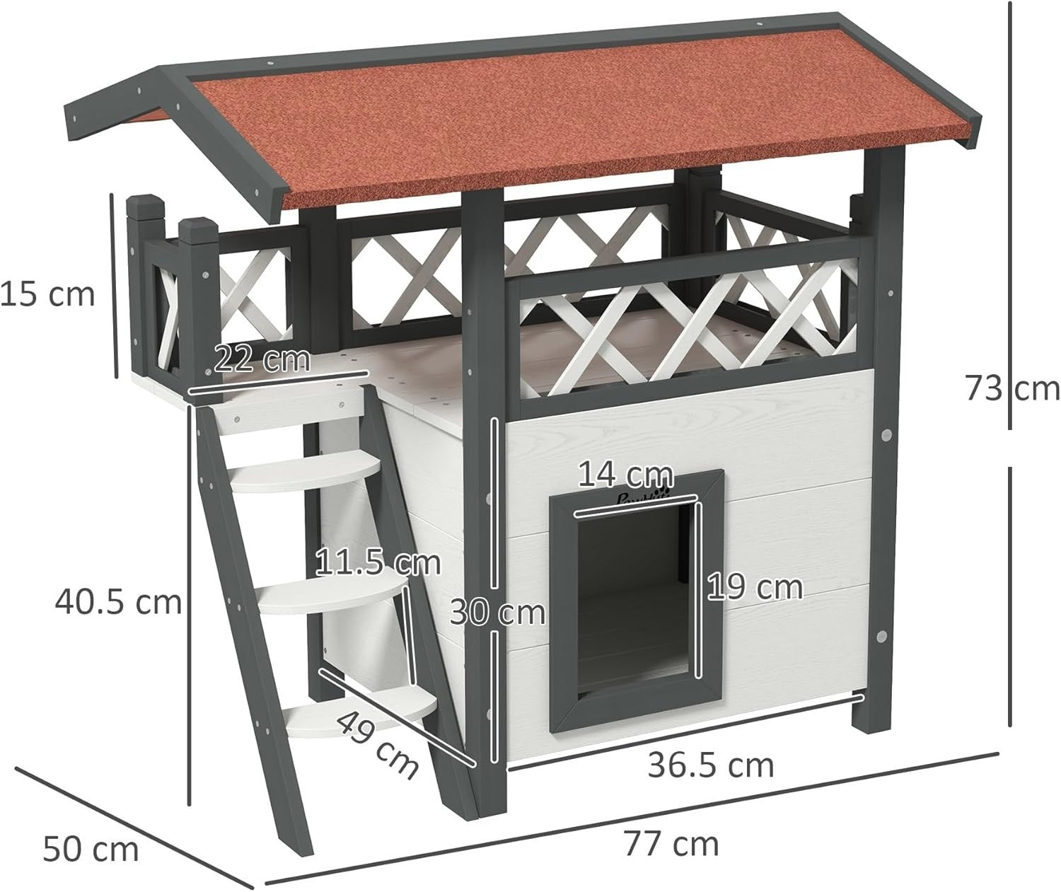 Outdoor Wooden Cat House with Balcony & Asphalt Roof, Weatherproof, White