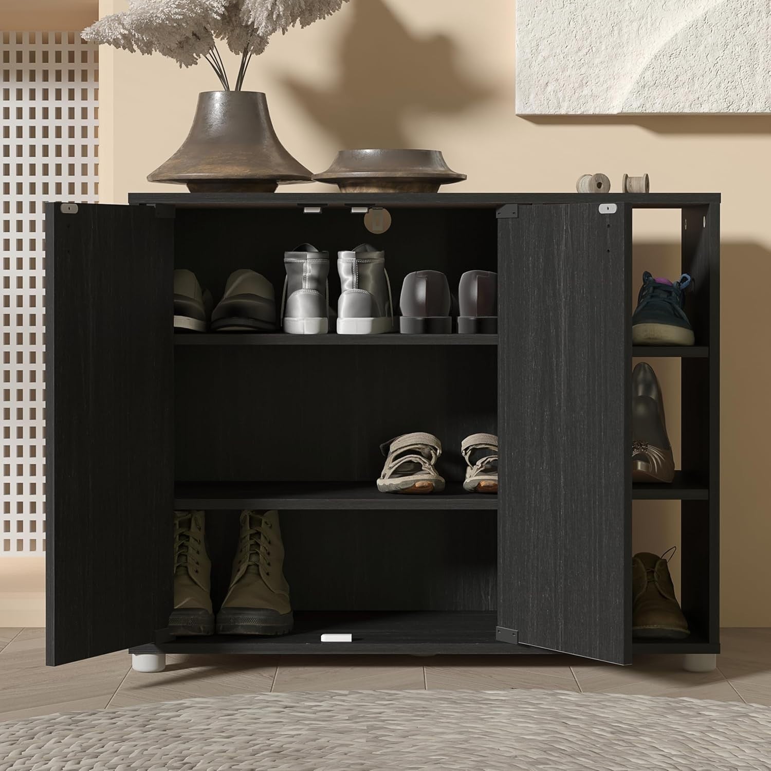 Rustic Shoe Storage Cabinet with Doors, 12-Pair Rack, Black Oak Finish