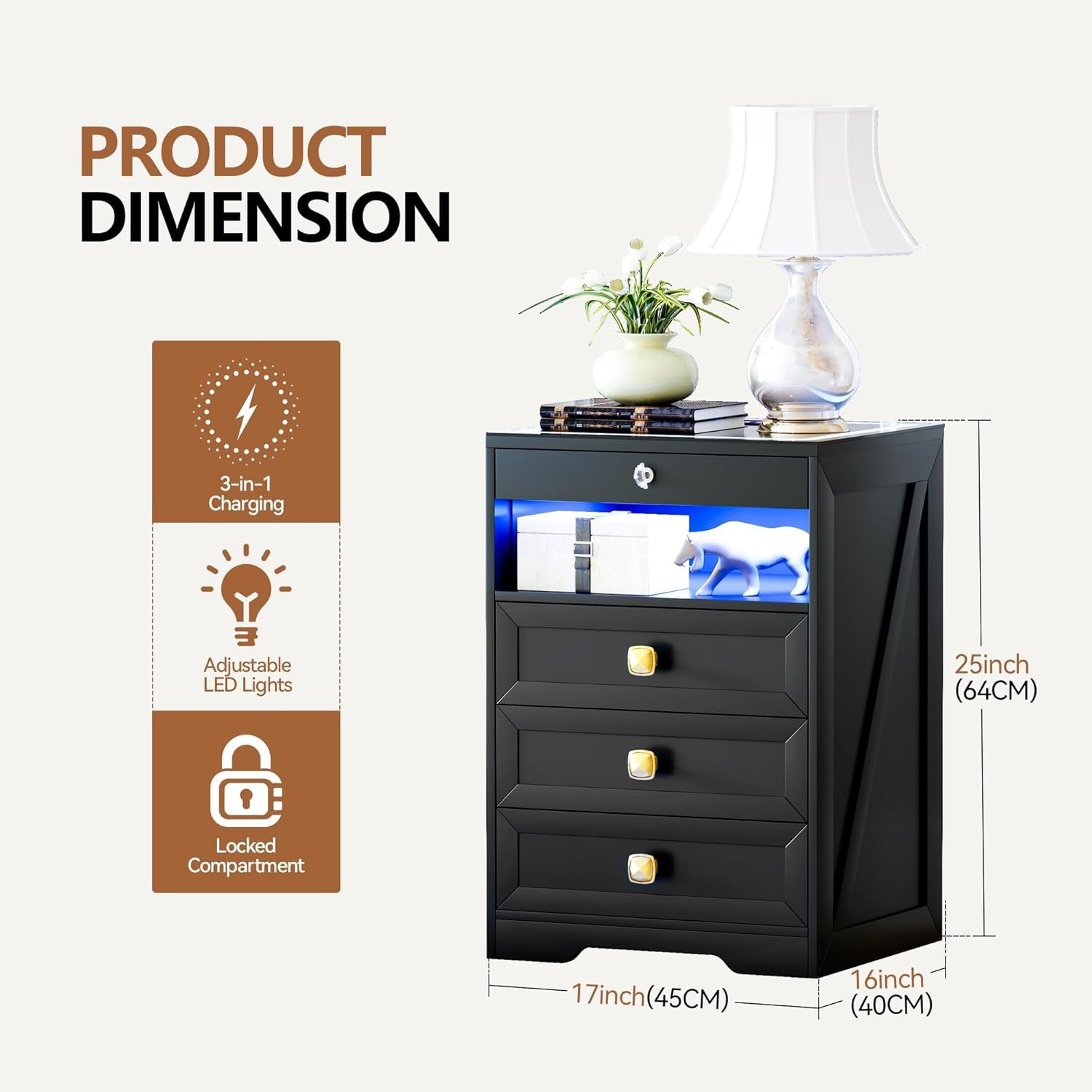 LED Bedside Table with Wireless Charging, 4 Drawers & Lock – Smart Nightstand