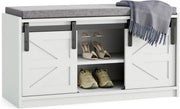 Farmhouse Shoe Storage Bench with Barn Doors & Cushion – 90x45x35cm White