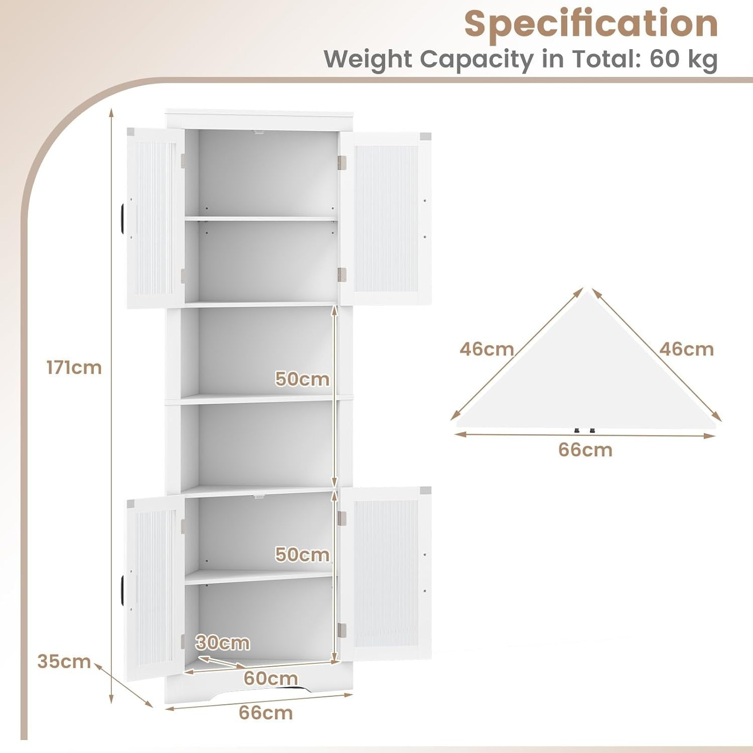 171cm White Corner Cabinet with 4 Glass Doors & Adjustable Shelves