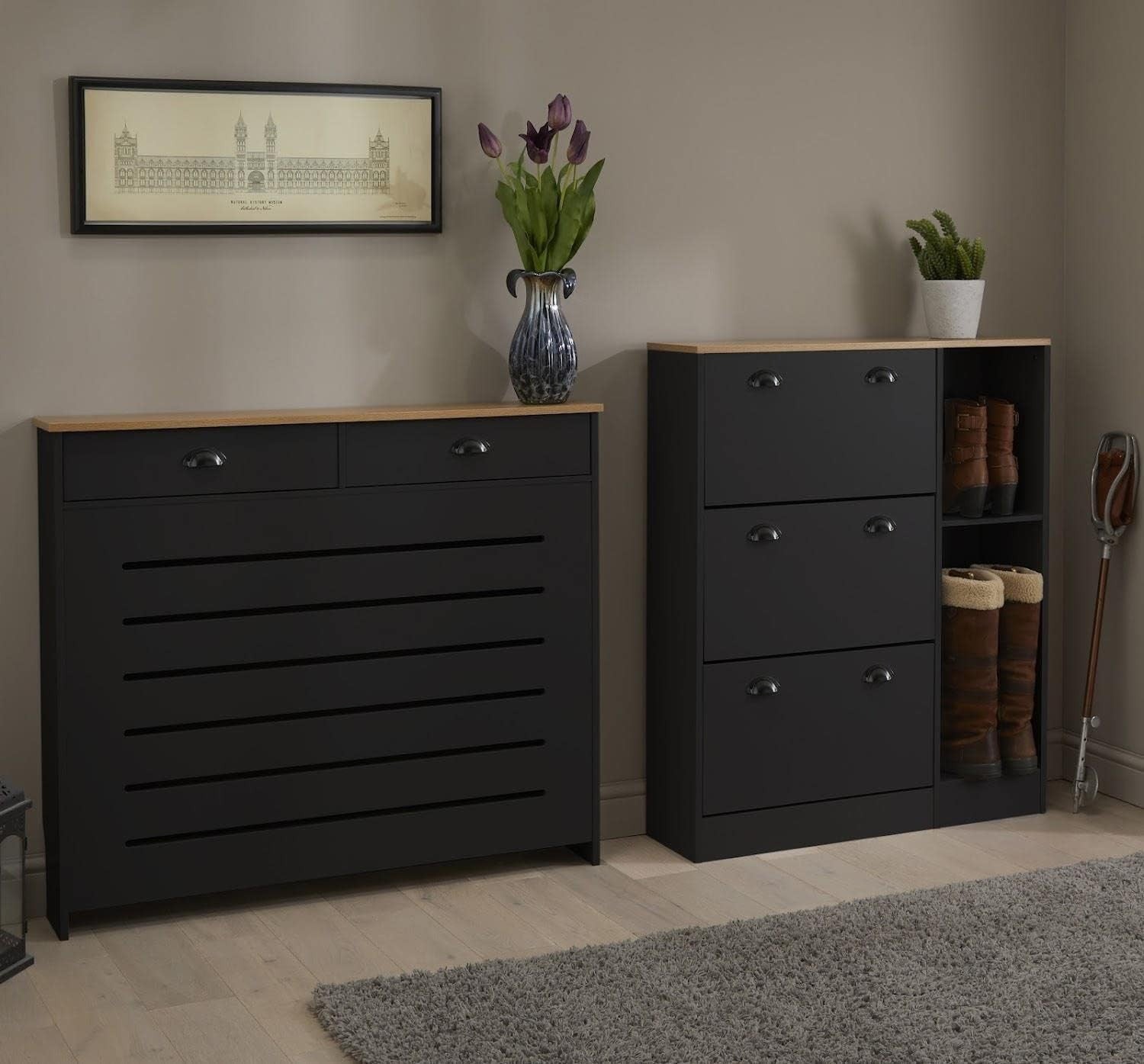 Modern Black Radiator Cover Cabinet with Storage Drawers MDF Unit