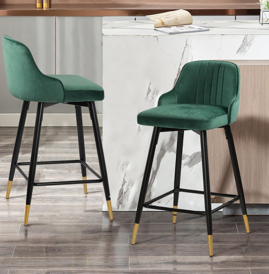 Green Velvet Swivel Bar Stools Set of 2 – Luxury Bar Height Chairs