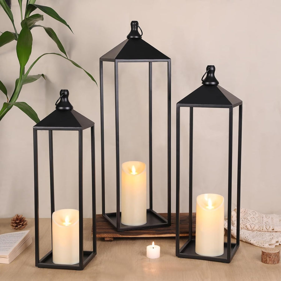 MATAHUM Set of 3 Black Metal Candle Lanterns 22'' 19'' 17'' Indoor Outdoor