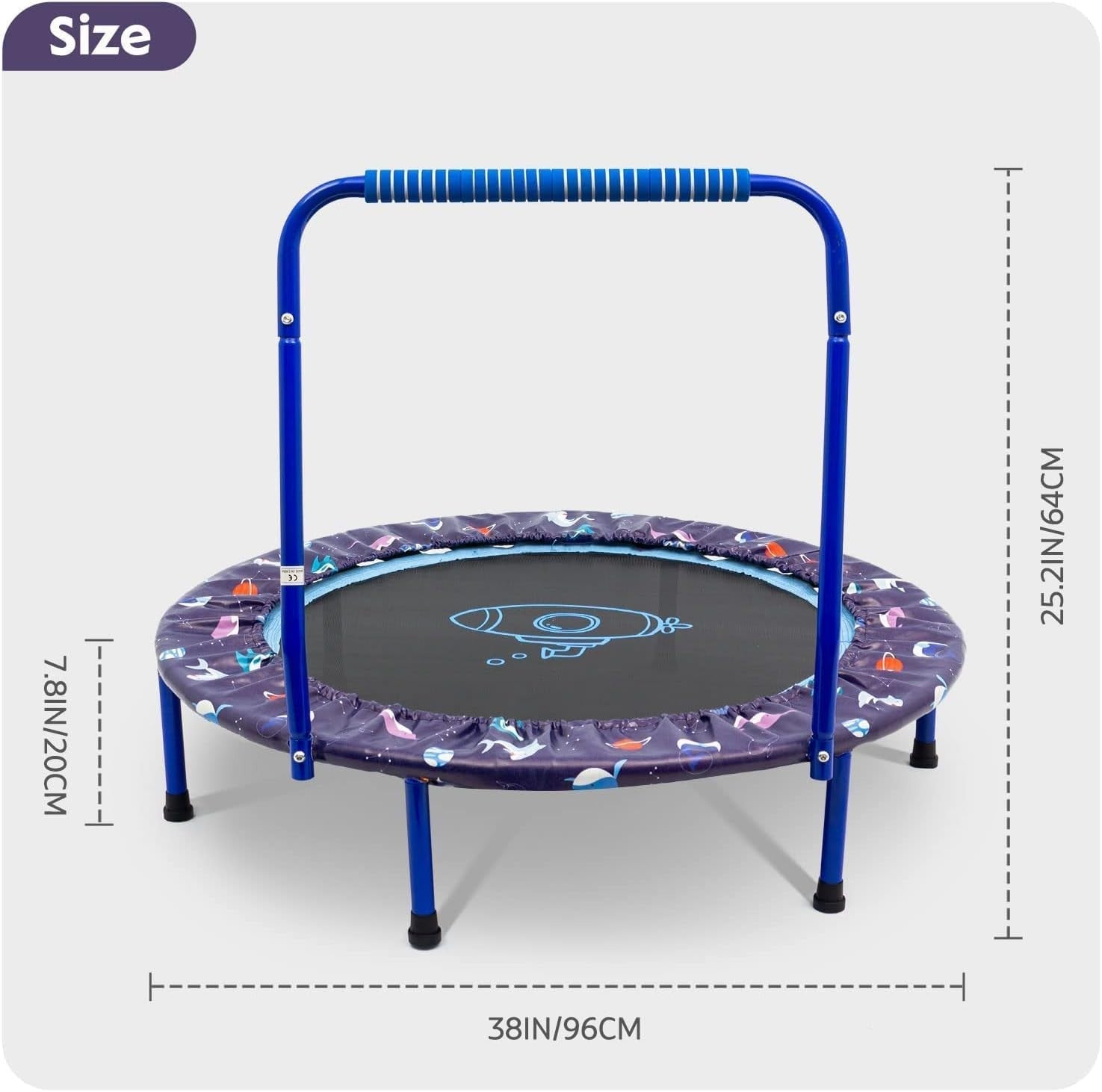 38in Kids Quiet Foldable Trampoline Adjustable Handle Indoor Outdoor