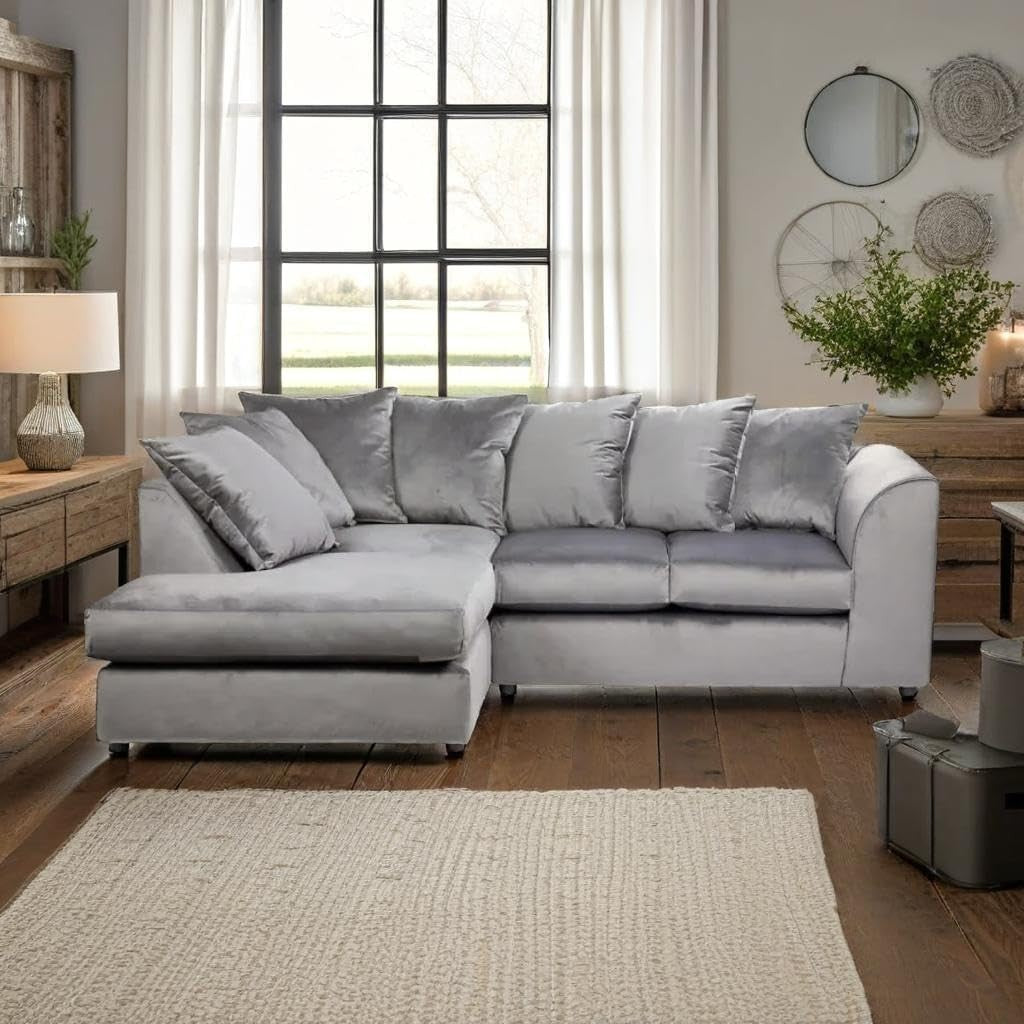 Luxury Grey Plush Velvet 4 Seater L Shape Modular Corner Sofa Set Comfy