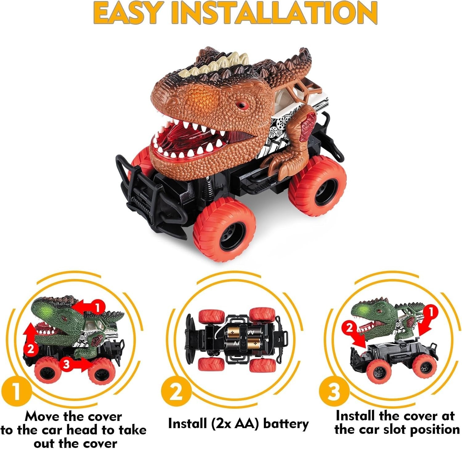 Dinosaur Remote Control Car for Kids 3–8, LED Light Monster Truck Toy