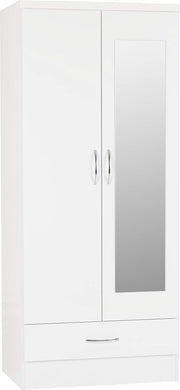 White Gloss 2 Door Mirror Wardrobe with Drawer – Modern Bedroom Storage