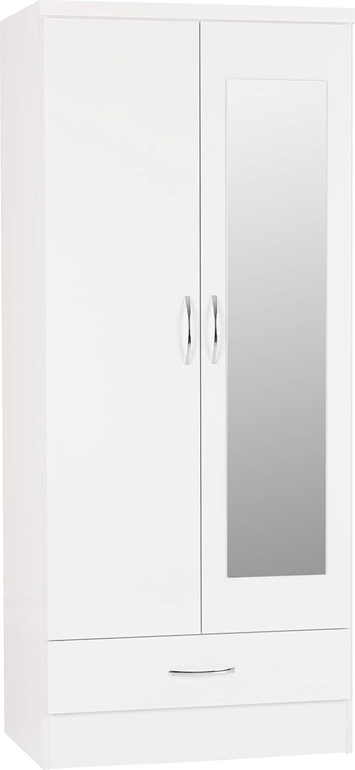 White Gloss 2 Door Mirror Wardrobe with Drawer – Modern Bedroom Storage