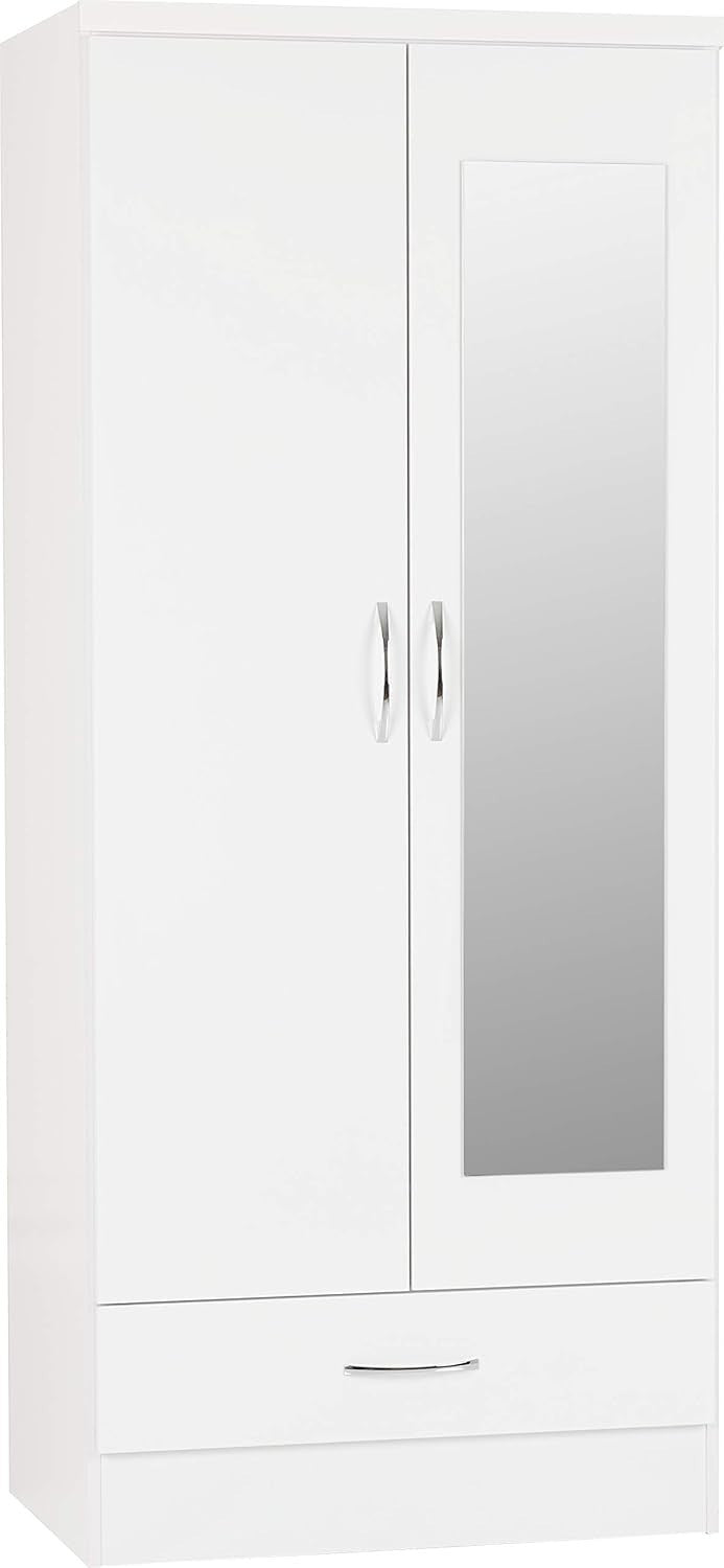 White Gloss 2 Door Mirror Wardrobe with Drawer – Modern Bedroom Storage