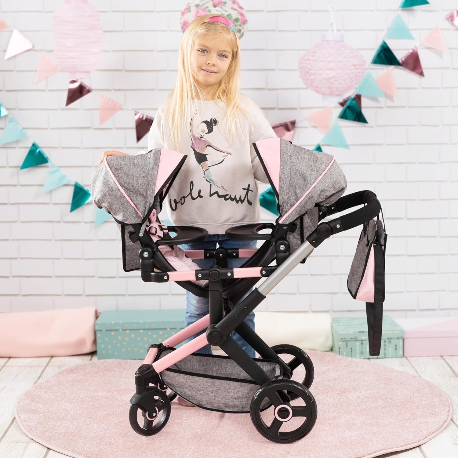 Double Dolls Pram Twin Pushchair Adjustable Handle Reversible Seats