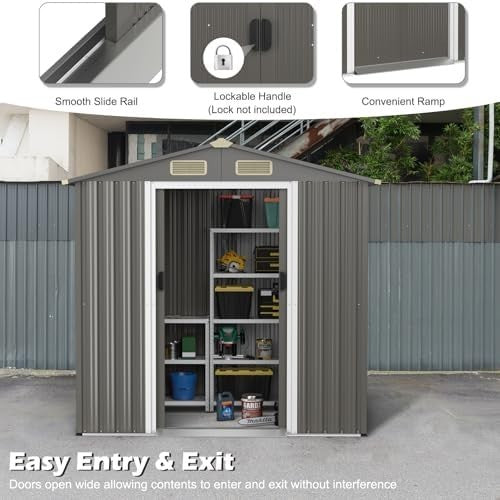 6x4FT Metal Garden Shed Outdoor Storage House Lockable Sliding Doors Grey