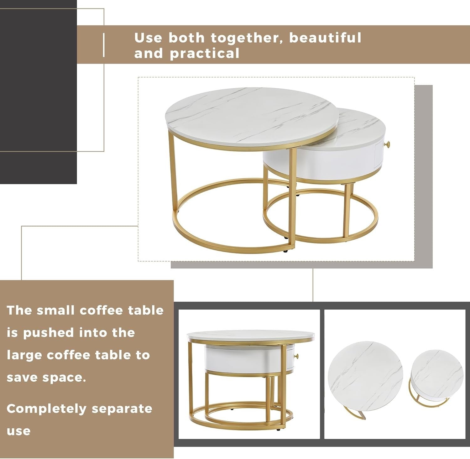 2PCS Nesting Coffee Table Set Marble Look Top Round Metal Frame Living Room